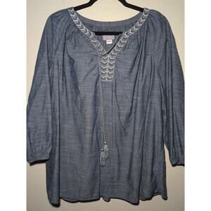 Laura Scott Blue Embroidered Neckline Cotton Chambray Blouse Pullover Top 1X
